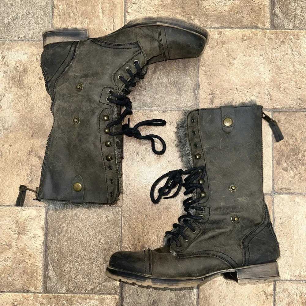 CUDDLE-F Leather Combat Boots 8.5M Fur Lined Lace Up Mid Calf Gray - Picture 3 of 7